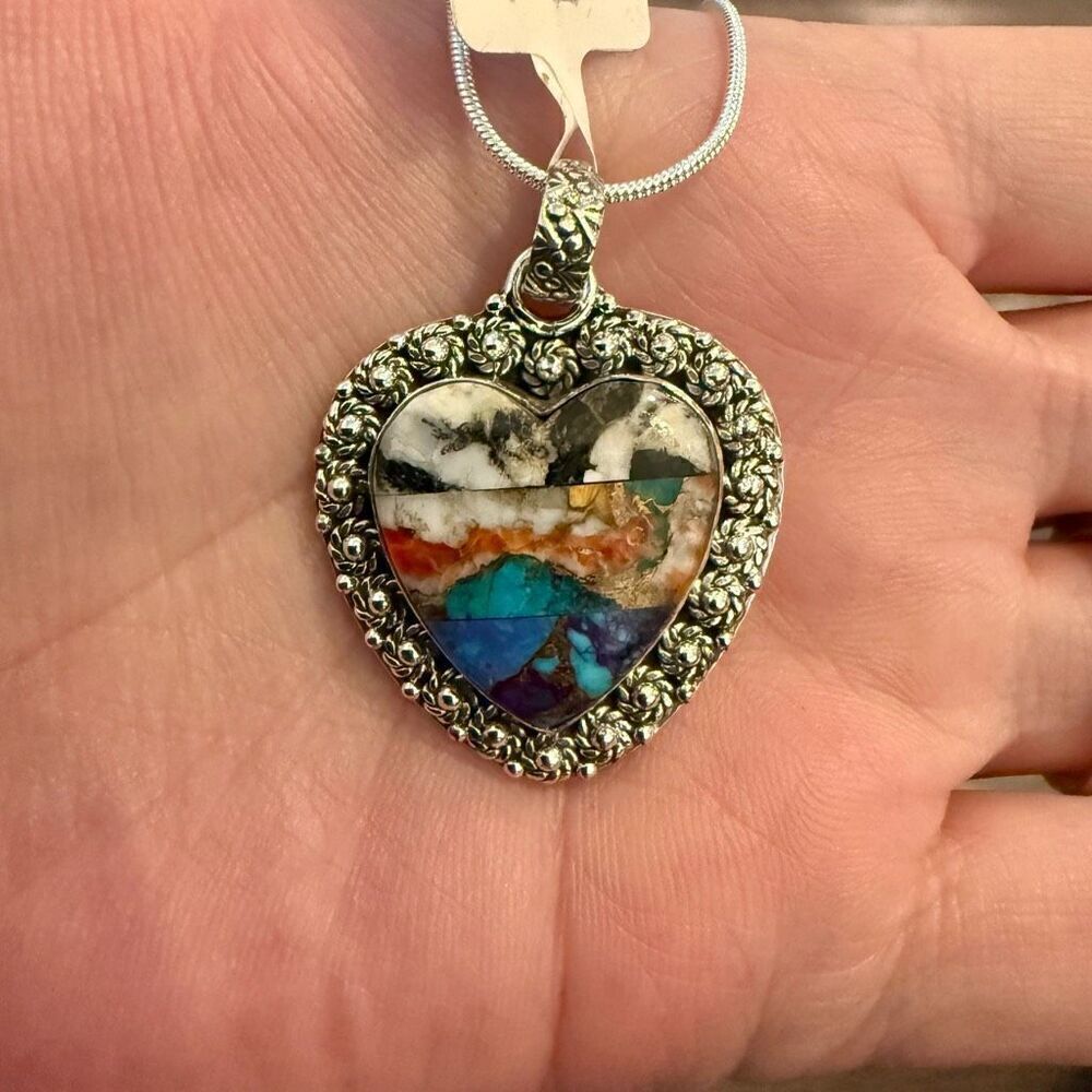 Southwestern Multi Turquoise Large Large Heart Pendant Necklace Floral Sterling